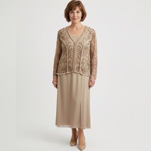 Bob Mackie Beige Long Sleeve Embellished Dress Pre Owned